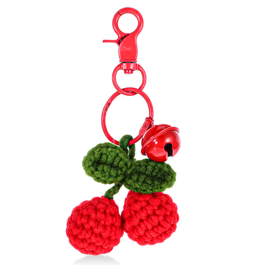 COMNICO Cute Cherry Car Mirror Hanging Ornament, Car Rear View Mirror Interior Pendant Accessories Hand Knitted Crochet Car Decor for Women Girls(Cherry Bells)