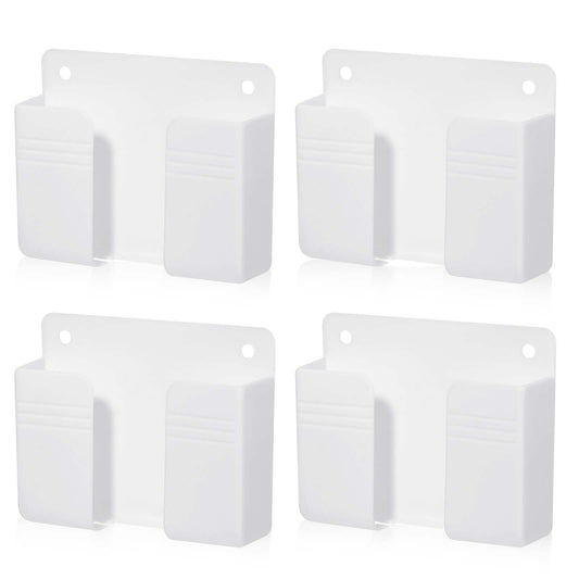 4 Pack Wall Mounted Phone Holder, Phone Stand Self Adhesive with Charging Hole, Compatible with All Smartphone Phone Cradle Bedside Organizer Remote Control Stand for Home Office(White)