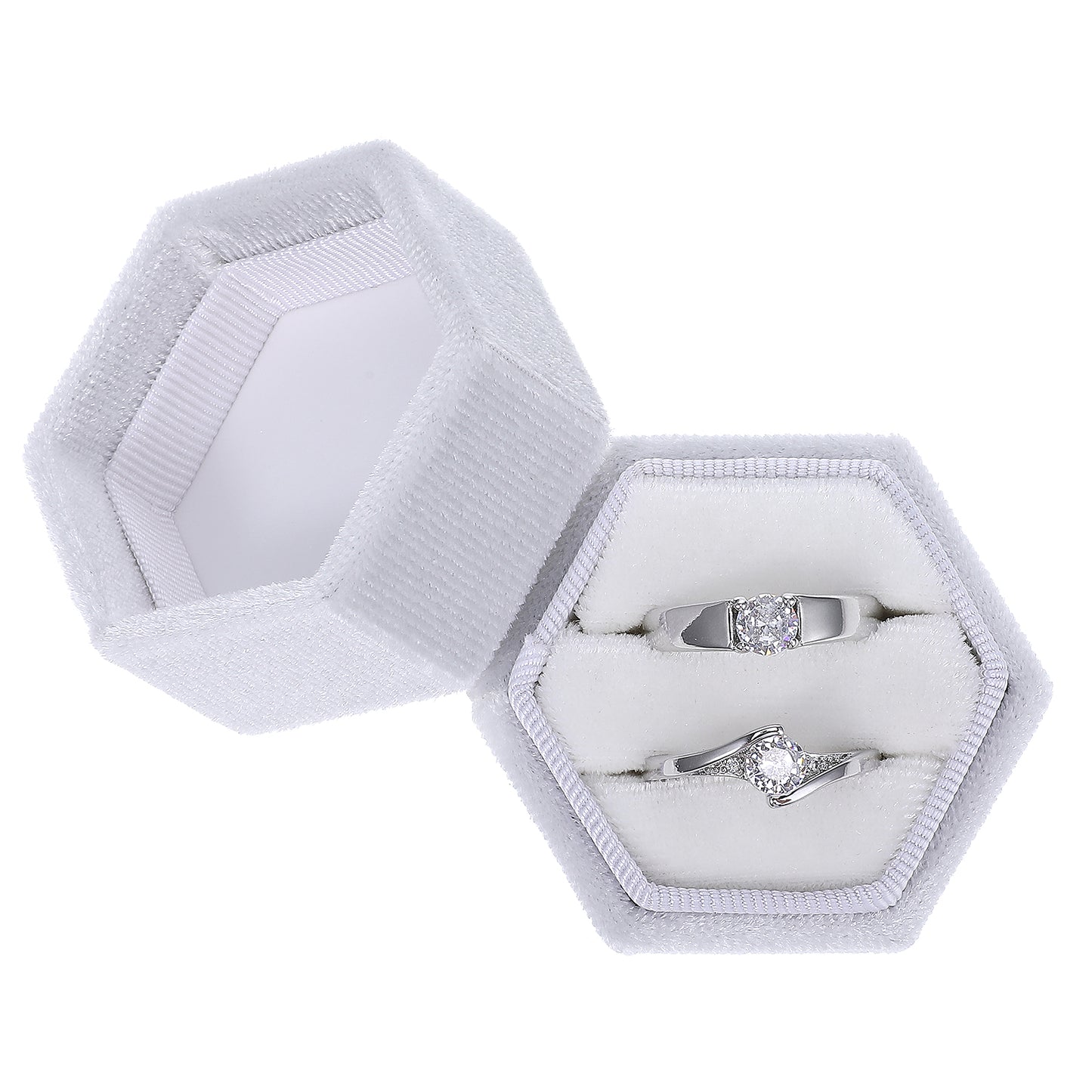 COMNICO Velvet Jewelry Ring Box, 2 Slots Ring Gift Case Double Slots Hexagonal Ring Display Holder Stand with Detachable Lid for Proposal Engagement Wedding Ceremony (White)