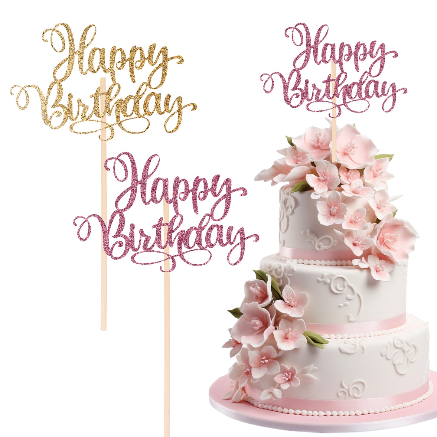 Wanmu 2Pcs Happy Birthday Cake Toppers, Glitter Happy Birthday Cake Sign Pick, Cake Decorations Supplies for Women Glirs Celebrating Anniversary Party - Rose Gold, Glod