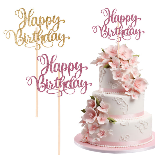 Wanmu 2Pcs Happy Birthday Cake Toppers, Glitter Happy Birthday Cake Sign Pick, Cake Decorations Supplies for Women Glirs Celebrating Anniversary Party - Rose Gold, Glod
