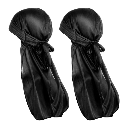 COMNICO Silky Durags with Long Tail for Men Women Satin 360 Wave Long Tails Cap Wide Strap Designer Headwraps Pirate Bandana Hat Black
