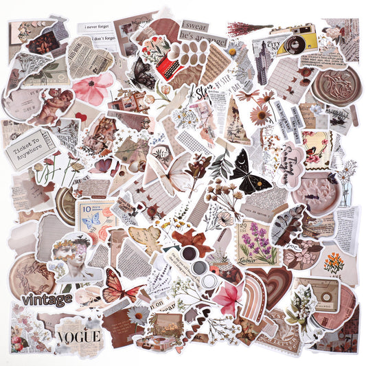 120Pcs Vintage Stickers Waterproof Scrapbook Aesthetic Sticker Mixed Laptop Decals Handbook Junk Journal Stickers Cute Scrapbooking Journaling Supplies for Daily Planner Water Bottles DIY Paper Crafts