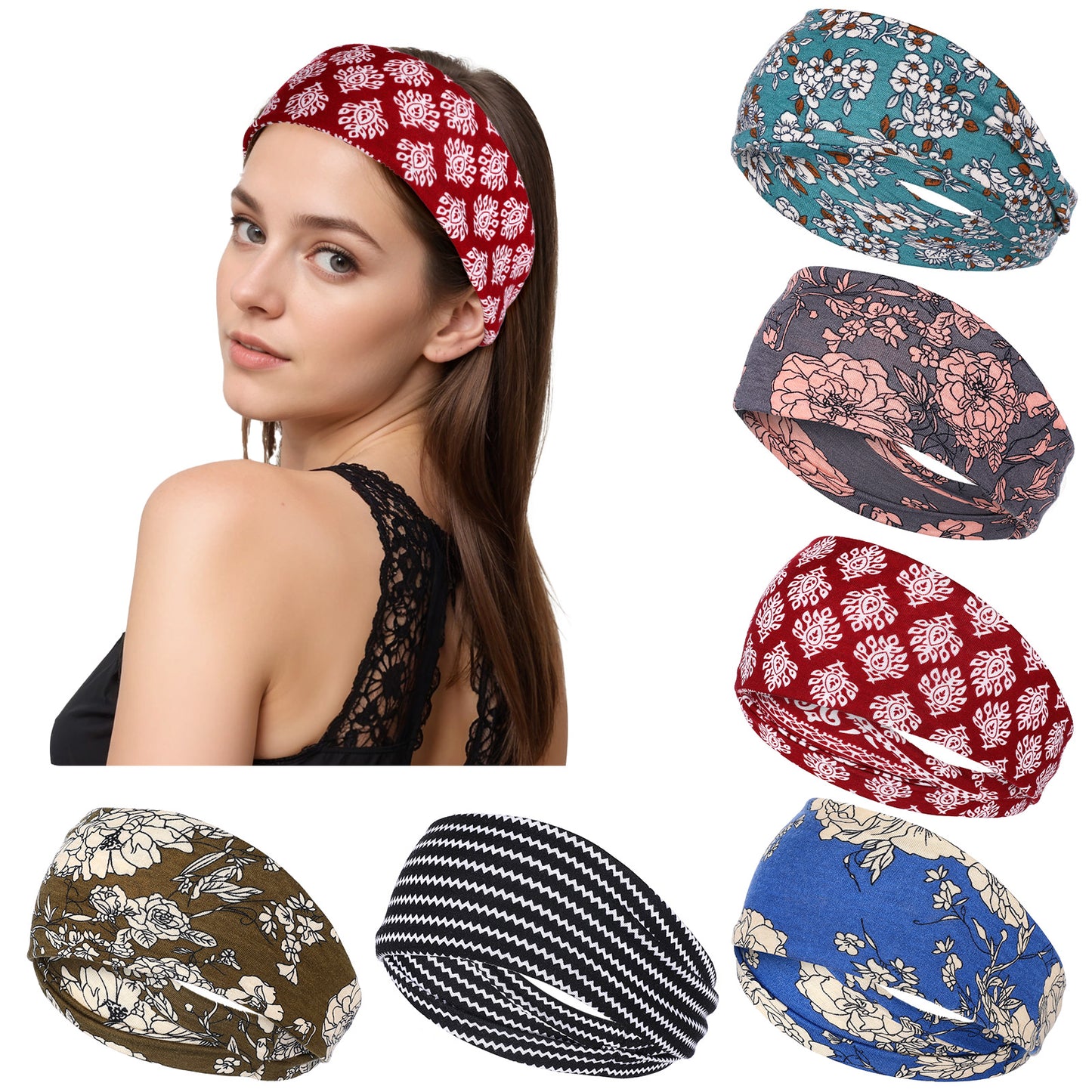 Wanmu 6Pcs Wide Boho Headbands for Women, African Wide Hair Wrap, Fashion Knotted Headband, Yoga Workout Hair Bands for Women's Hairs, Non-Slip, Premium Stretchy Head Bands