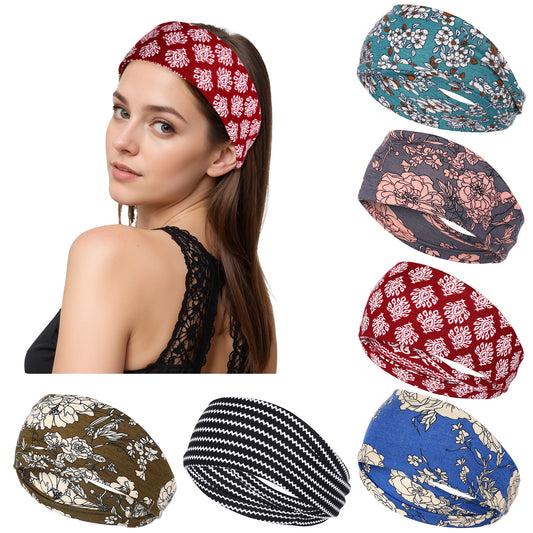 Wanmu 6Pcs Wide Boho Headbands for Women, African Wide Hair Wrap, Fashion Knotted Headband, Yoga Workout Hair Bands for Women's Hairs, Non-Slip, Premium Stretchy Head Bands