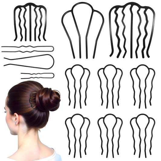 Wanmu 12 Pcs Metal Hair Side Combs Hair Fork Clip French Hair Comb Updo Hair Stick for Women and Girls, U Shape Twist Hair Tool for Vintage Hairstyle Hair Accessories, Thick&Fine Hair Combination