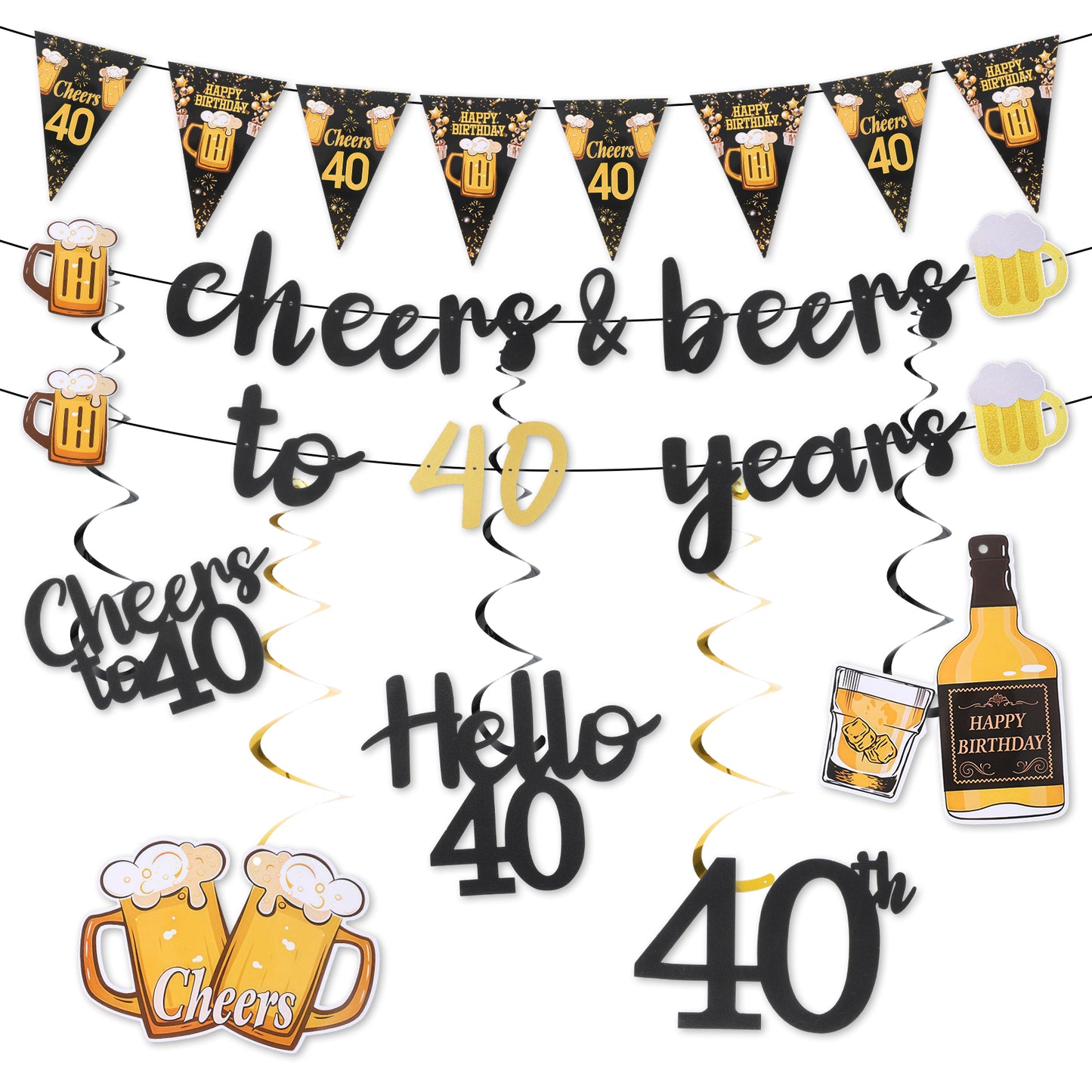 Gjinxi 40th Birthday Decorations for Men, Gold Black Cheers 40 Years Banner