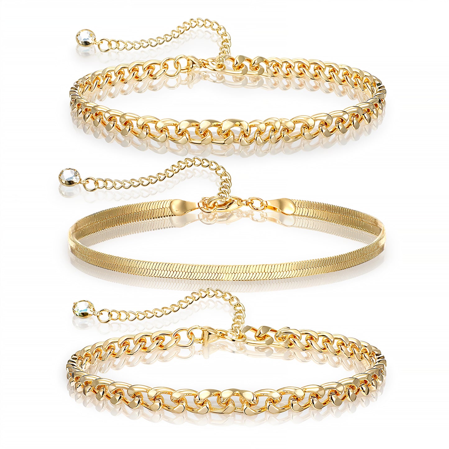 Wanmu 3Pcs 14K Gold Plated Anklet Bracelets for Women, Gold Ankle Bracelets for Women Waterproof, Cuban Link Chain Anklets Set, Layered Anklet Bracelets for Women, Beach Gift Adjustable Size