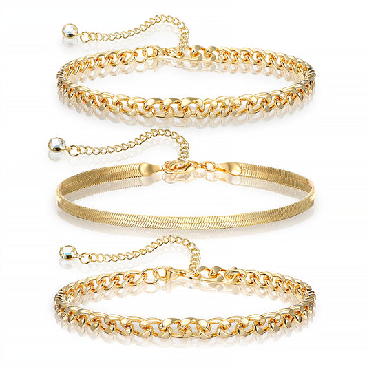 Wanmu 3Pcs 14K Gold Plated Anklet Bracelets for Women, Gold Ankle Bracelets for Women Waterproof, Cuban Link Chain Anklets Set, Layered Anklet Bracelets for Women, Beach Gift Adjustable Size