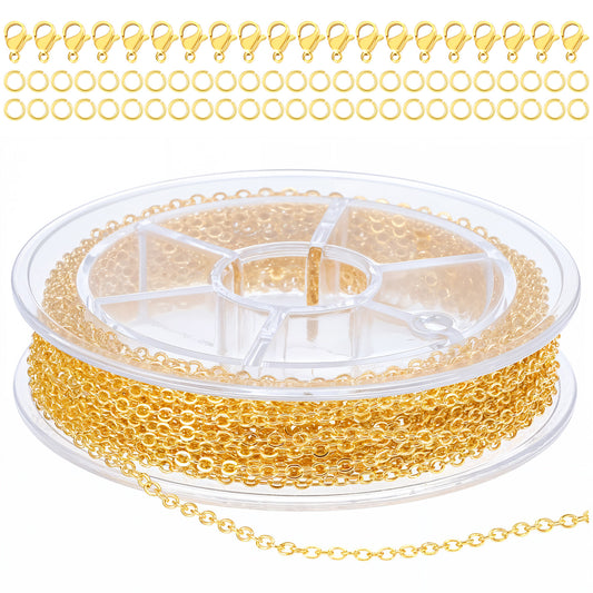 COMNICO 33ft(10m) Stainless Steel Jewelry Chain 1.5mm DIY Craft Links Supplies Findings for Making Necklace Earring Bracelet, Color Plated Metal Cable Roll 20pcs Lobster Clasps 50pcs Jump Rings(Gold)
