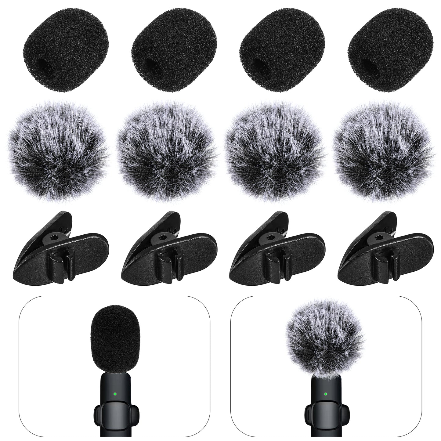 Wanmu Mini Wireless Furry Windscreen & Foam Cover Set for Lavalier Microphone, 12 Pcs Washable Microphone Windscreen Windproof Microphone Covers with Clips Foam Mini Mic Cover to Reduce Wind Noise