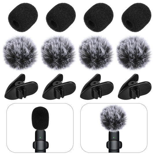 Wanmu Mini Wireless Furry Windscreen & Foam Cover Set for Lavalier Microphone, 12 Pcs Washable Microphone Windscreen Windproof Microphone Covers with Clips Foam Mini Mic Cover to Reduce Wind Noise