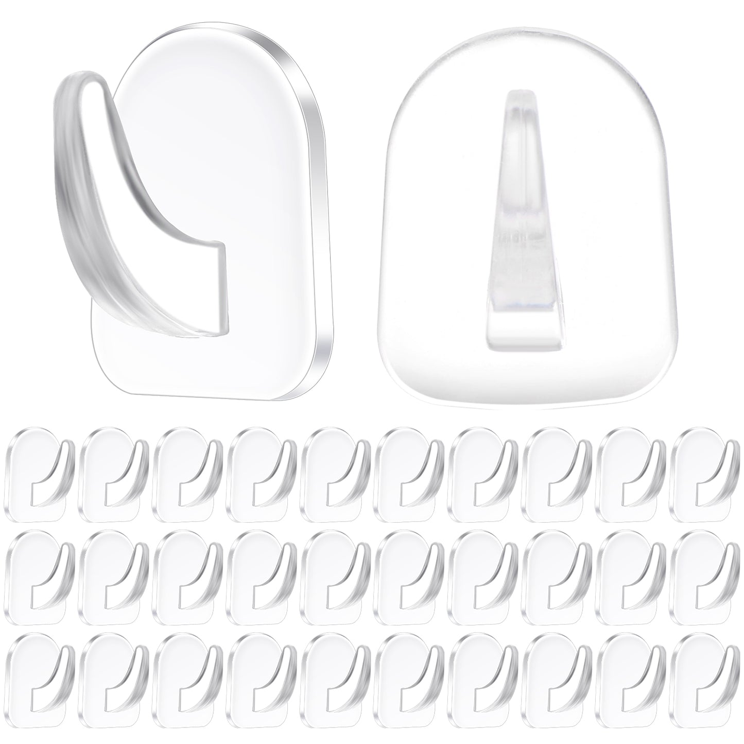 Wanmu 30 Pcs Clear Adhesive Wall Hooks for Hanging, Reusable Transparent Seamless Hooks, Acrylic Sticky Hangers with Non Marking Sticker for Kitchen Bathroom Bedroom Office