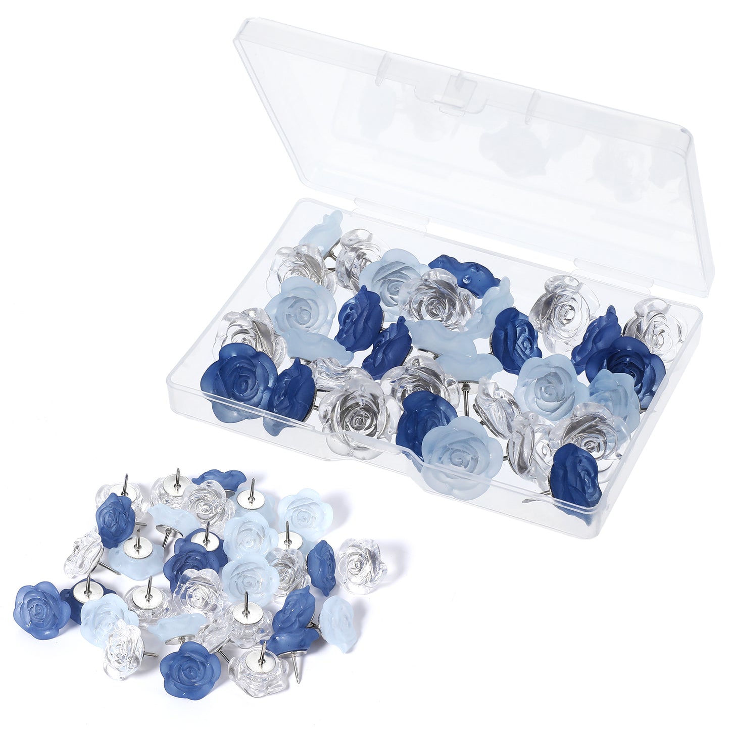COMNICO 30pcs Flower Push Pins Tacks, Cute Rose Decorative Floret Pushpins Clear Blue Floral Thumb Tack for Wall Cork Board Bulletin Board Travel Map Photo Office Organization School Home