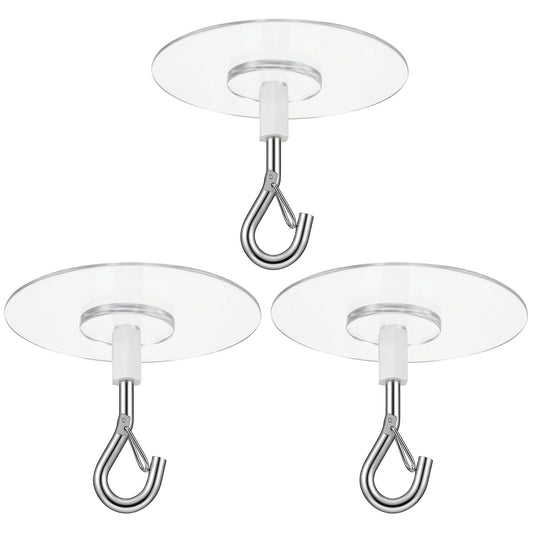 Sibba 3 Pack Adhesive Ceiling Hook Heavy Duty Wall Hooks Hanging Transparent Round Drill-Free Hanging Hooks with Safety Clasp Stick-On Ceiling Hook Water Resistant for Plants Wind Chimes Storage