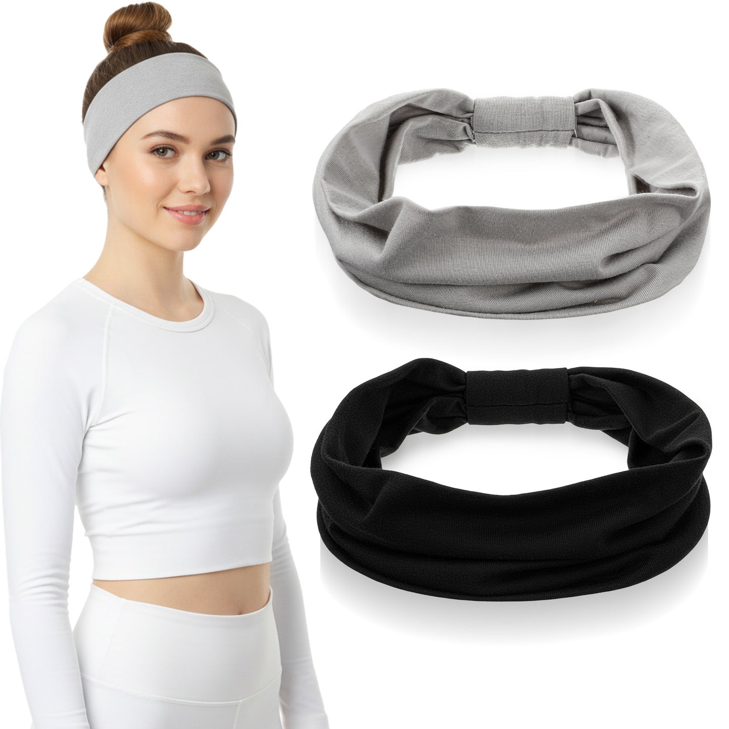 2 Pack Women Cotton Stretch Headband, Soft Breathable Hijab Cap, Wide Elastic Non-Slip Sweat Wicking Hair Band for Makeup Spa Sport Workout Running Daily Wear