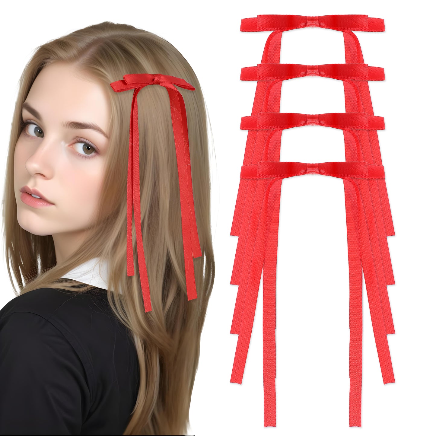 COMNICO Hair Bows for Girls, 4Pcs Red Bow Hair Accessories Tassel Ribbon Bowknot Hair Clips Barrettes Long Hair Bow Satin Ribbon Accessories for Women Valentine's Day