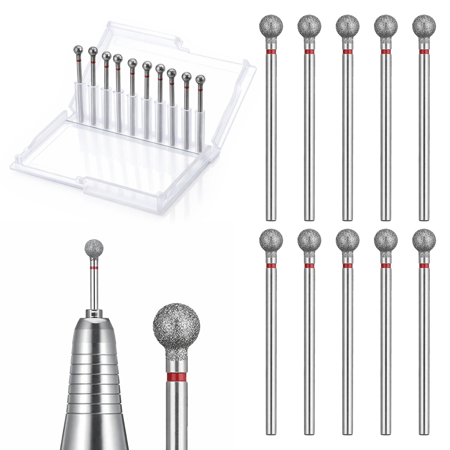 10 Pcs Safety Ball Cuticle Drill Bits Diamond Nail Bits Professional Ball Head Shape Nail Bit Electric nail File Machine Drills Tool with Box for Nail Shaping Gel Polishing Dead Skin Manicure Pedicure