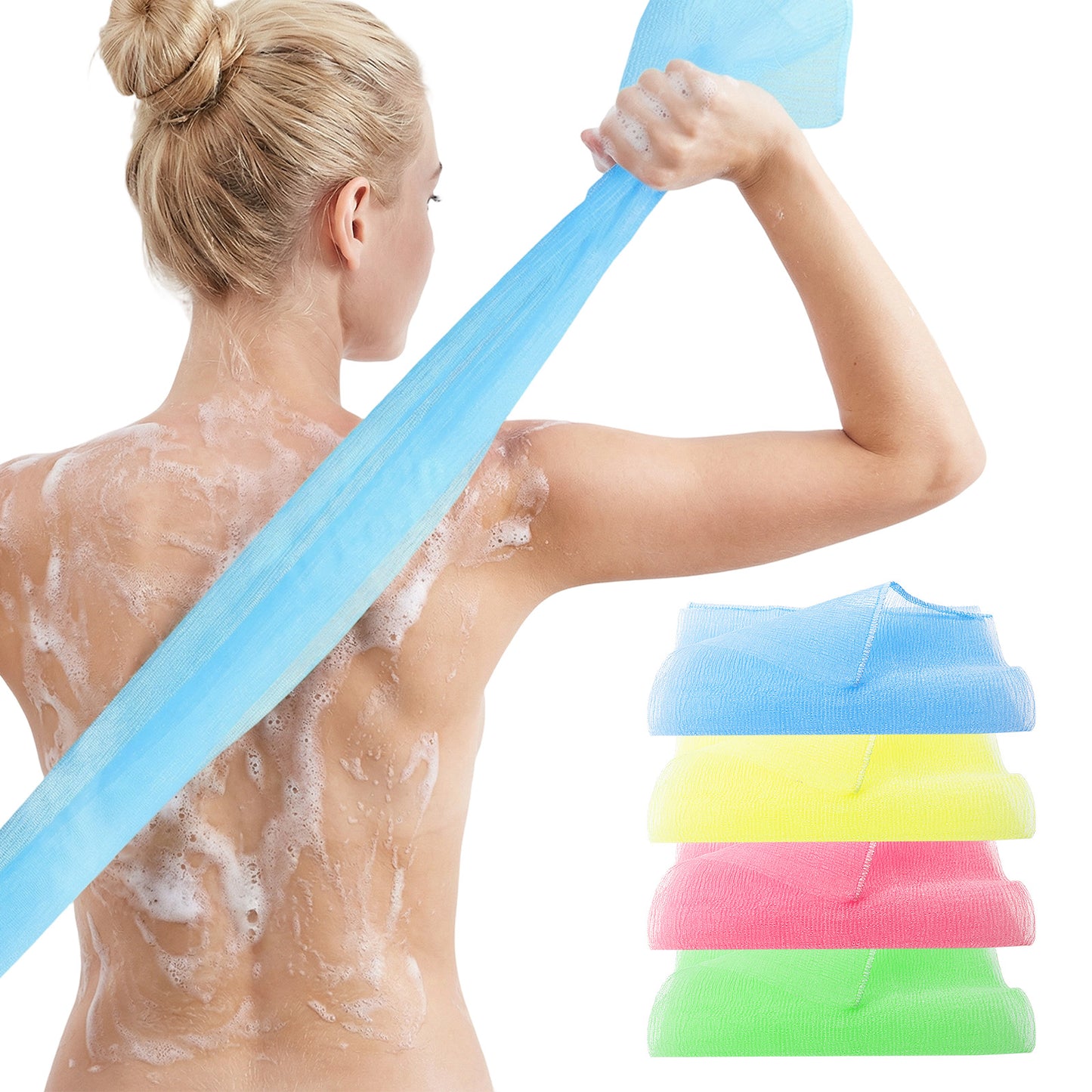 FNANJWQ 4 Pcs Exfoliating Bath Cloth, 35 Inch Exfoliating Washcloth Body Scrubber Wash Cloths for Skin Bath Wash Towel Body Scrubber Loofah Back Washer (Blue Green Yellow Pink)