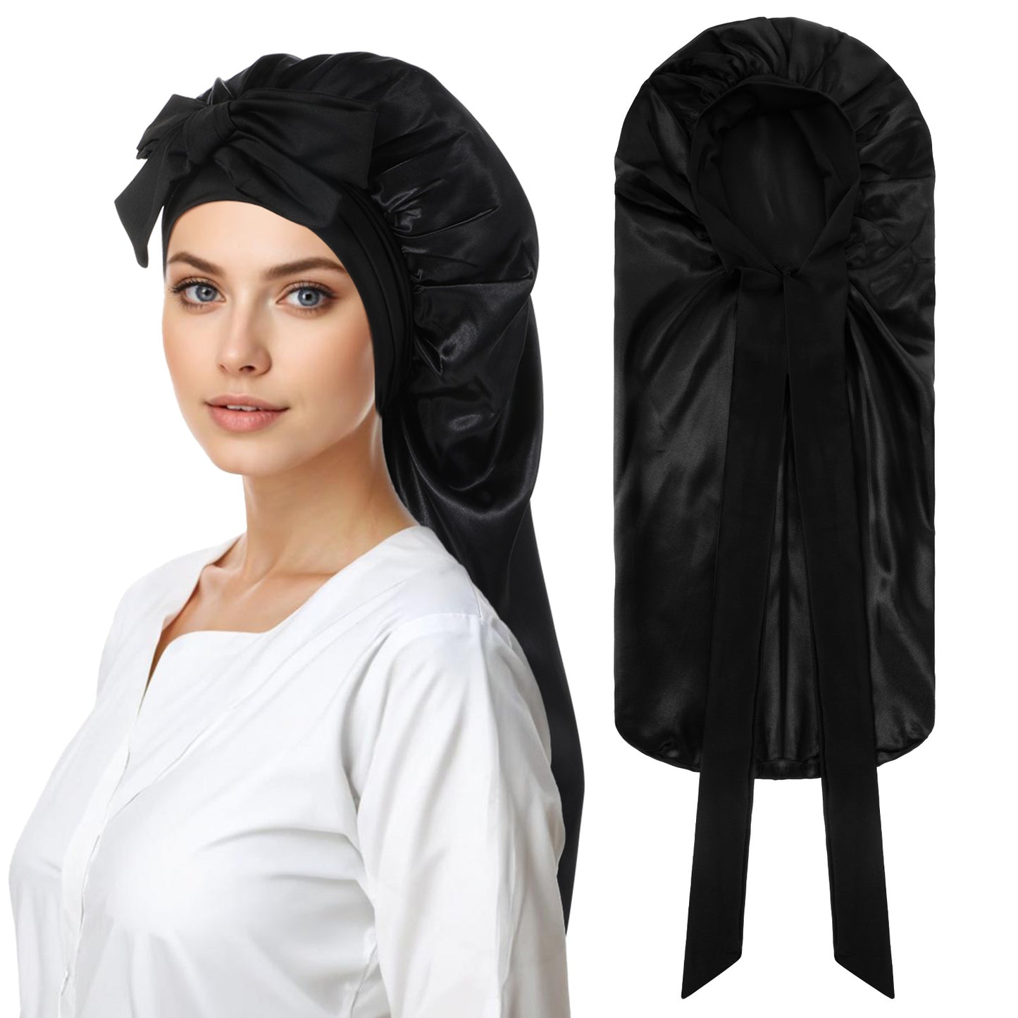 Wanmu Long Satin Bonnet for Braids, Sleep Braid Bonnet with Stretchy Tie Band for Women, Large Hair Sleep Cap for Night Sleeping, Curly Hair and Braids (Black)
