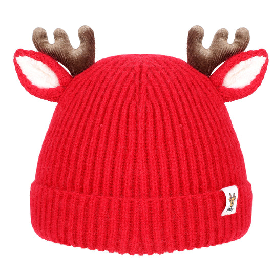 COMNICO Winter Hat for Kids, Antlers Reindeer Crochet Knitted Baby Beanie Hat Christmas Hat Thick Winter Warmer Cap Girls Accessories for Baby Boys Toddler Girl Red