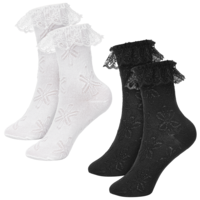YUXIANLB 2 Pairs Women's Lace Ruffle Frilly Crew Socks, Cotton Cream Princess Ankle Dress Socks Mesh Laces Lolita Sock Cute Lettuce Lace Edge Breathable White & Black
