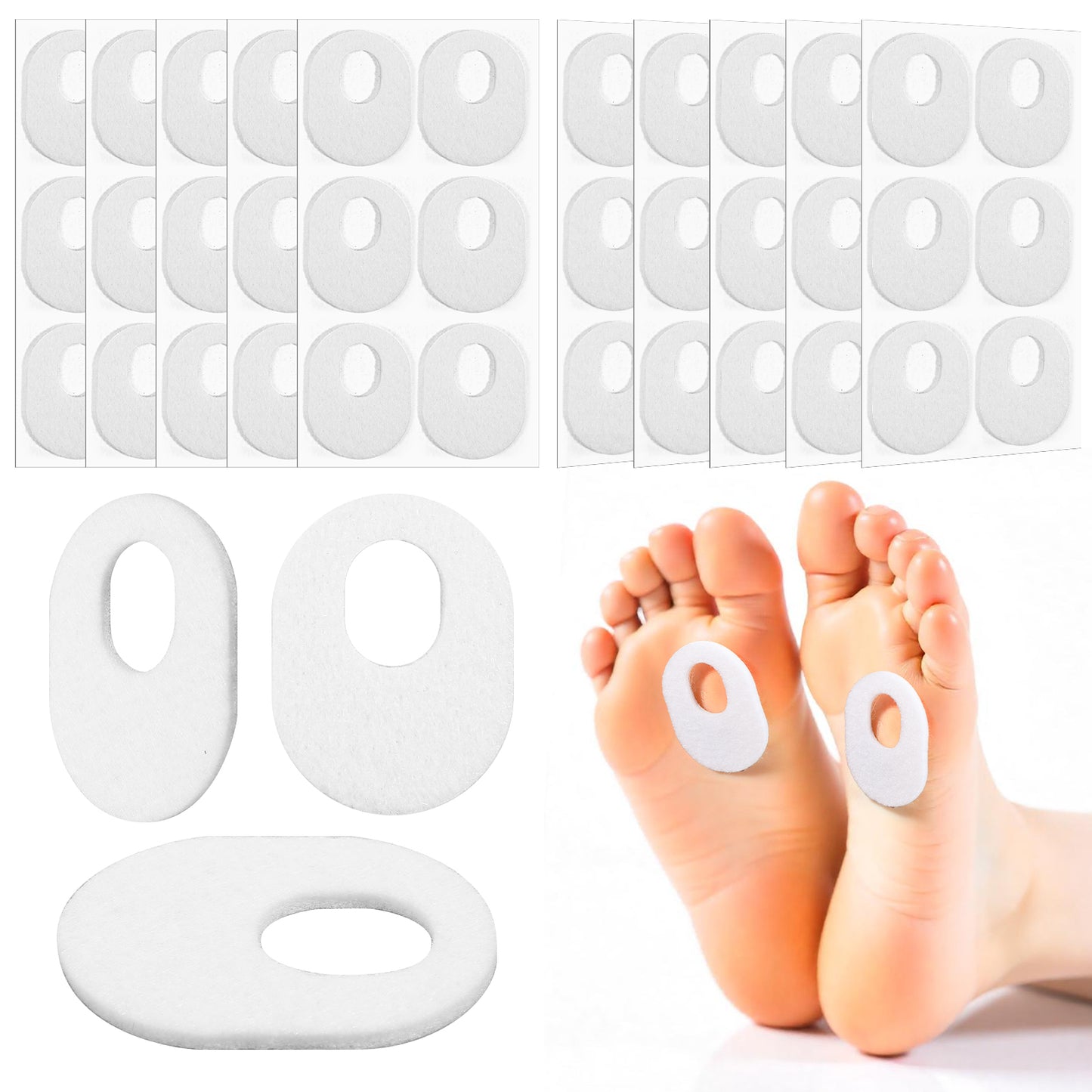Wanmu 60 Pcs Callus Pads, Soft Felt Callus Oval Shape Pads, Self Adhesive Bottom of Foot Corn Cushions for Men and Women Pain Relief Toes Heel Care (White)