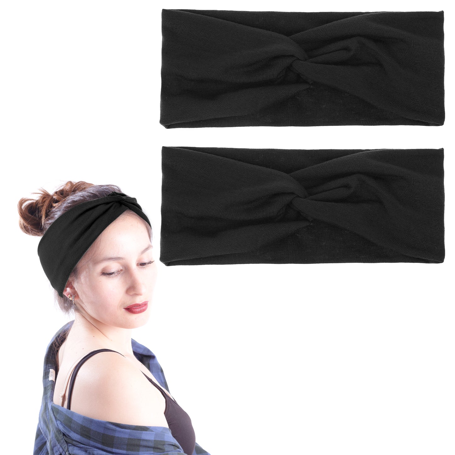 Dimeho 2pcs Wide Headbands for Women Hair Elastic Headband Turban Knotted Wide Scarfs Hairbands Wide Vintage Head Twist Knotted Stretchy Wraps Head Bands Hair Accessories Black Large
