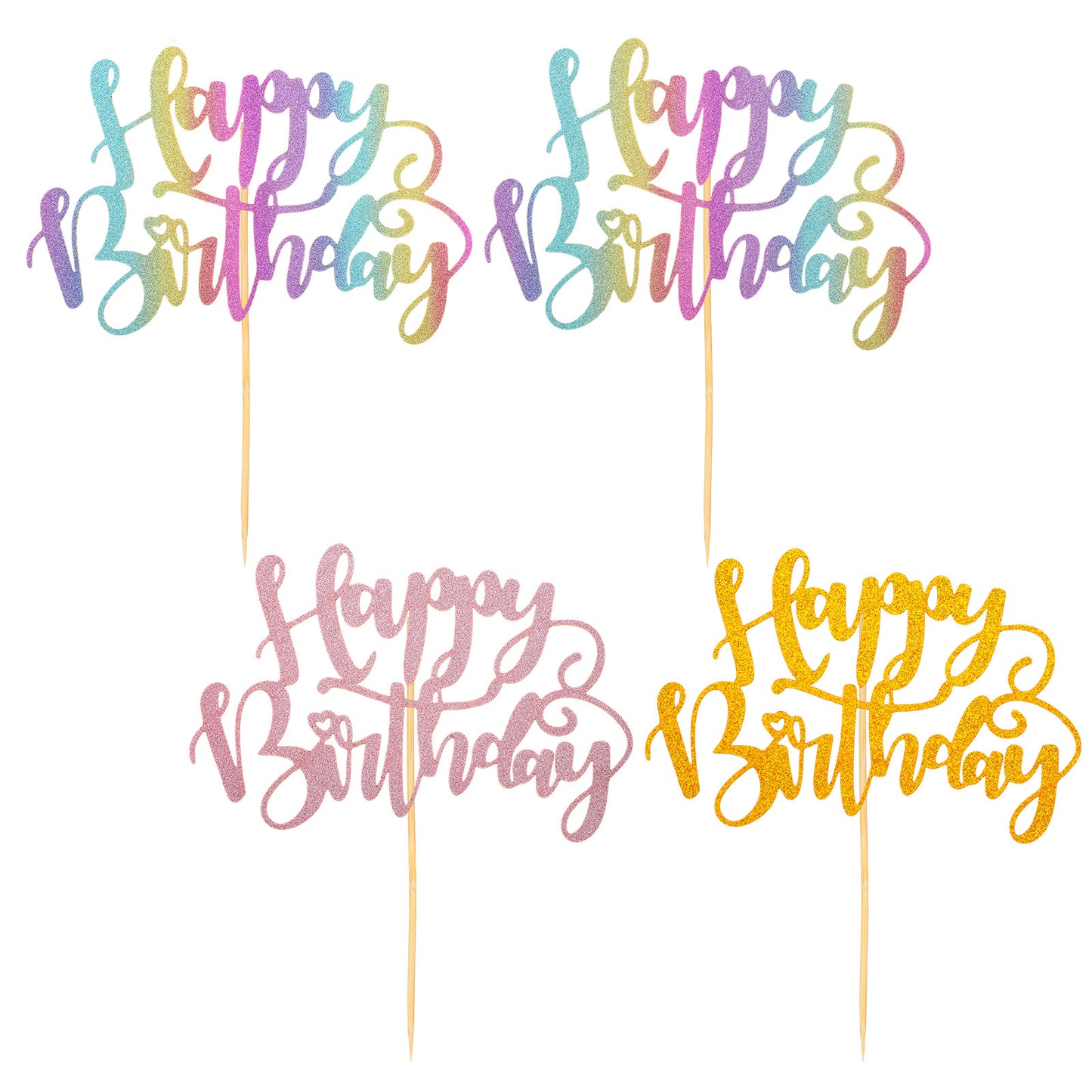 Wanmu 4 Pcs Happy Birthday Cake Topper, Glitter Happy Birthday Cake Decor Birthdays Party Cakes Decorations Cakes Supplies for Anniversary, Bridal Shower, Birthdays Party Supplies