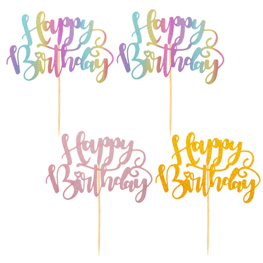 Wanmu 4 Pcs Happy Birthday Cake Topper, Glitter Happy Birthday Cake Decor Birthdays Party Cakes Decorations Cakes Supplies for Anniversary, Bridal Shower, Birthdays Party Supplies